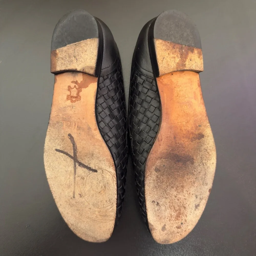 J. McLaughin Woven Leather Gold Horsebit Loafers Womens 6.5 Black Slip On Shoes